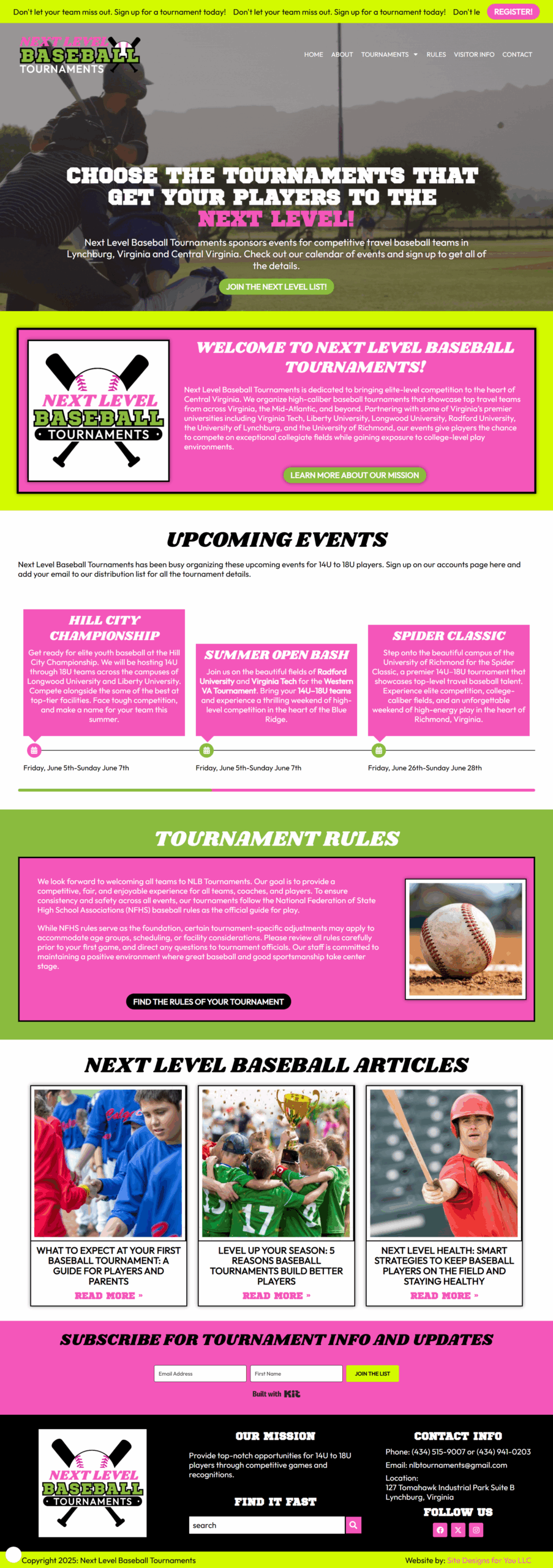 Next Level Baseball Tournaments, Open for Business Next Level Baseball Tournaments Home Page